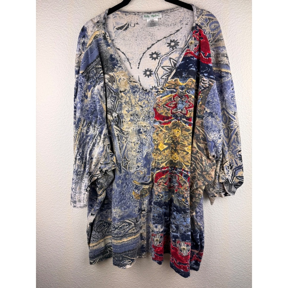 Ella Popken 28‎ 30 Tunic Top Floral Print Relaxed Fit Cotton Abstract Artsy